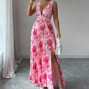 Women’s Sleeveless V-Neck Waist Hollow Out A-Line Ruffle Floral Dress